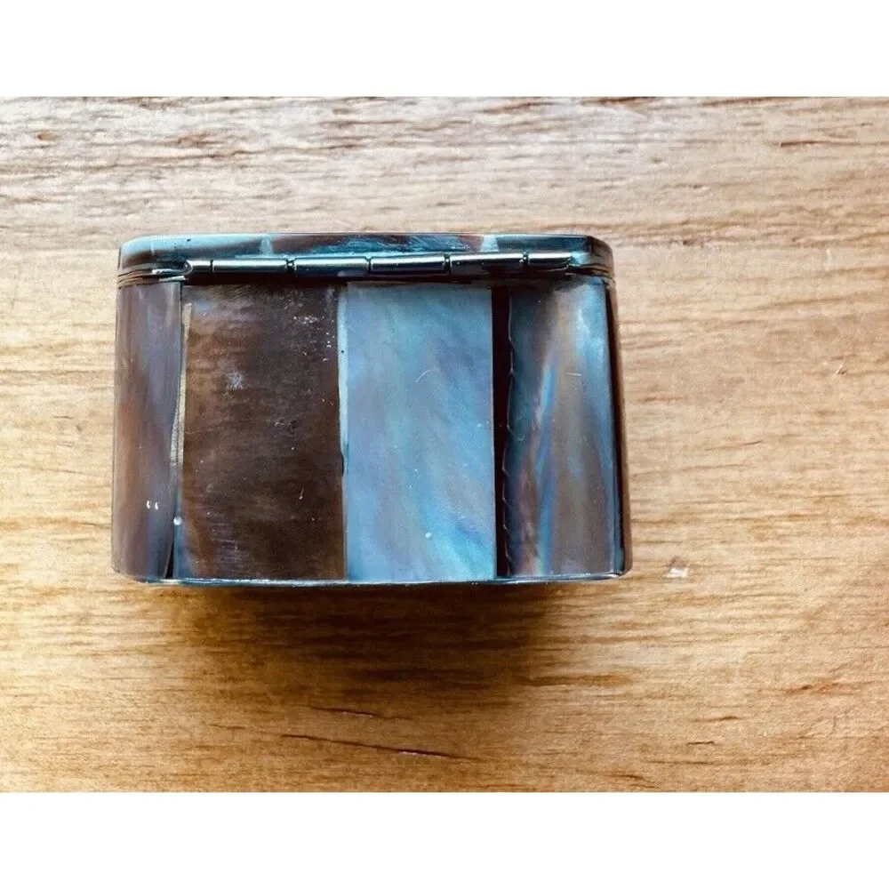 Beautiful Abalone Mother Of Pearl Small Trinket Jewelry Snuff‎ Box Stainless VTG